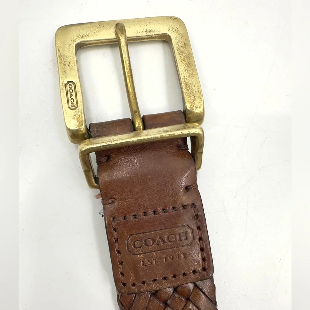 Coach Brown Leather Belt Mens 42 Woven Braided Classic Logo Brass Buckle Brown